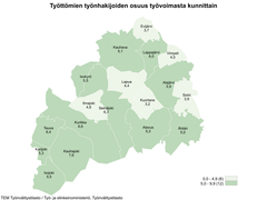 Maakunnan alhaisimmat työttömien työnhakijoiden osuudet olivat Kuortaneella (3,2 %), Evijärvellä (3,7 %) ja Soinissa (3,9 %).
