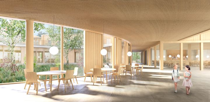 Alustava havainnekuva ruokasalista ja näkymästä sisäpihalle, ulkolaudoituksen väri harmaantuu ajan myötä, Fors Blomqvist Architects.