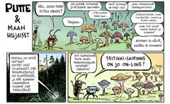 Orakkaiden ohella PUTTE-tutkimusohjelmassa on selvitetty myös helttasienten suurinta sukua seitikkejä (Cortinarius). Tähän mennessä on löydetty jo yli sata uutta lajia. (Sarjakuva: Seppo Leinonen)
