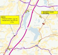Omväg är via Hautjärventie (väg 1633 och 11770) och Pohjoinen pikatie (väg 140).