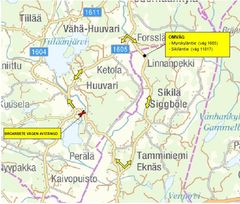 Omväg via Myrskyläntie (väg 1605) och Sikiläntie (väg 11817).