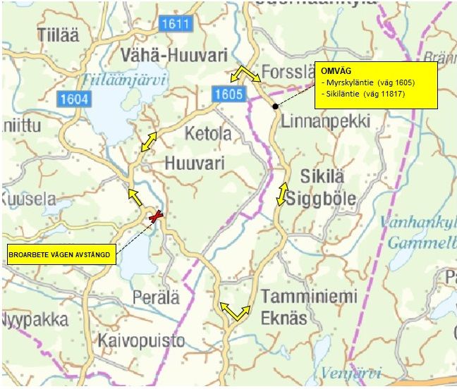 Omväg via Myrskyläntie (väg 1605) och Sikiläntie (väg 11817).