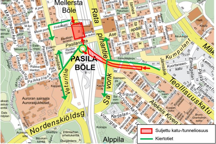 Teollisuuskadun tunneli ja Veturitie Triplan kohdalla on suljettu autoliikenteeltä 5.–7.5. kello 22–06.