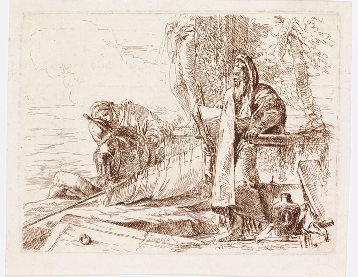 Giovanni Battista Tiepolo (1696-1770)
Seisova filosofi kädessään suurikokoinen kirja / Stående filosof med stor bok  /
Standing Philosopher and two other Figures
Sarjasta / från / from I Capricci
viivasyövytys, vedostettu ruskealla painomusteella /etsning, tryckt med brun trycksvärta / 
etching, printed with brown ink
The Rolando and Siv Pieraccini Collection
