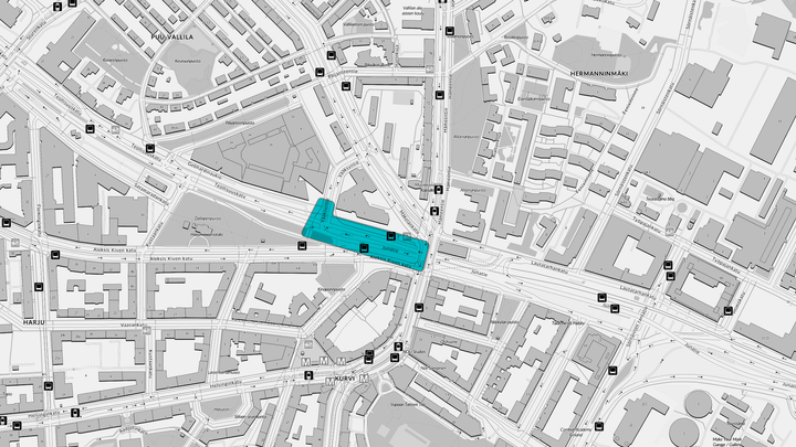 Kartalla katukuvassa näkyvät alustavat työmaa-alueet. Osa töistä tehdään maan alla.