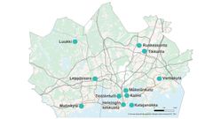 Ilmanlaadun mittausasemat pääkaupunkiseudulla vuonna 2021.