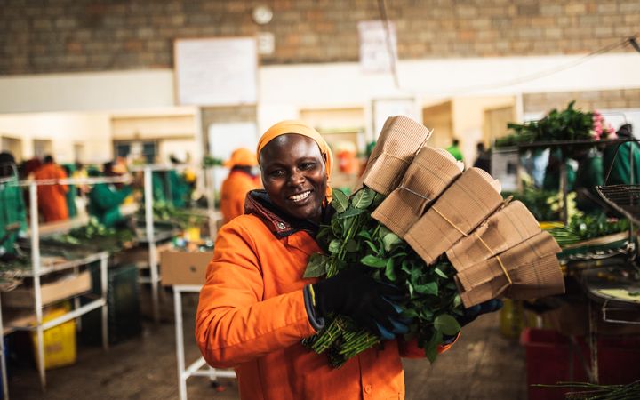 Työntekijä Karen Roses -kukkatilalla Keniassa. Kuva: Fairtrade/Christoph Köstlin