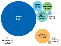 År 2018 var finländarnas genomsnittliga effektiva dos som orsakats av joniserande strålning 5,9 millisievert. Mer än fem millisievert härstammar från naturens radioaktiva ämnen och mindre än en millisievert från medicinsk användning av strålning. Konstgjorda radioaktiva ämnena i miljön är en mycket liten andel av den effektiva dosen.
