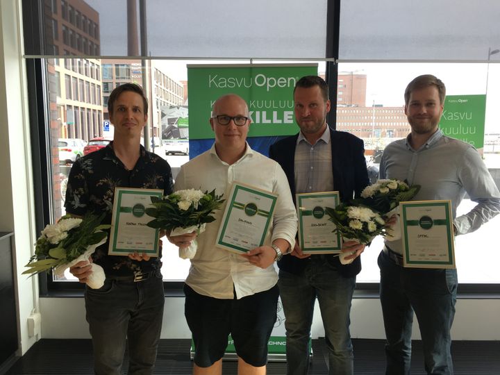 Vasemmalta: Janne Asikainen (Koepala Packaging), Eljas Jokinen (Soilfood), Jalmari Talola (Soil Scout) sekä Janne Anttila (SFTec).