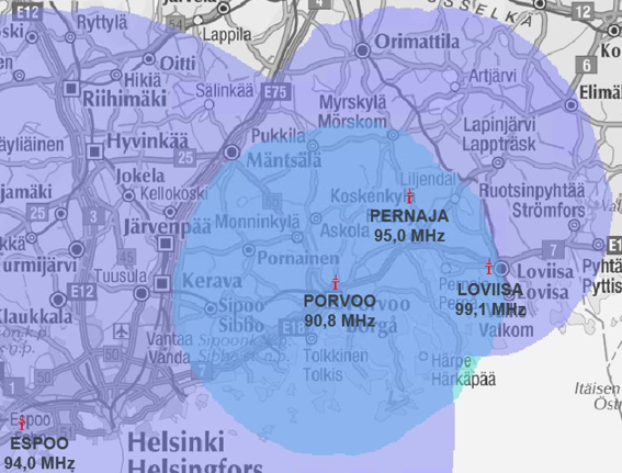 Kuvaan on korostettu Radio Suomen Porvoon Suomenkylän uusi kuuluvuusalue.