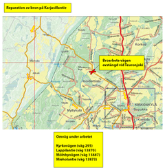 Trafiken dirigeras till en omväg via Kyrkovägen (väg 295), Lappilantie (väg 13870), Mölnbyvägen (väg 13887) och Mieholantie (väg 13873).