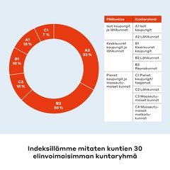 Indeksillä mitaten kuntien 30 elinvoimaisimman kuntaryhmäjakauma WSP