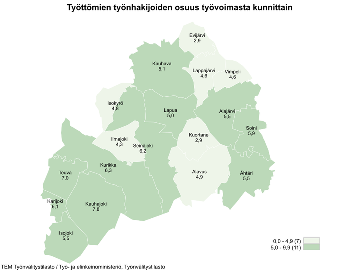 Maakunnan alhaisimmat työttömien työnhakijoiden osuudet olivat Evijärvellä (2,9 %), Kuortaneella (2,9 %) ja Ilmajoella (4,3 %).