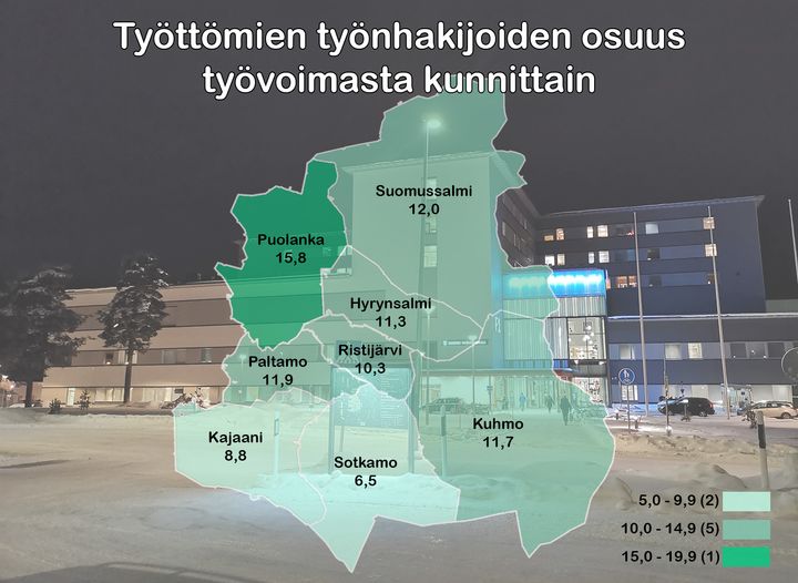 Työttömien työnhakijoiden osuus kunnittain Kainuussa marraskuussa 2021.