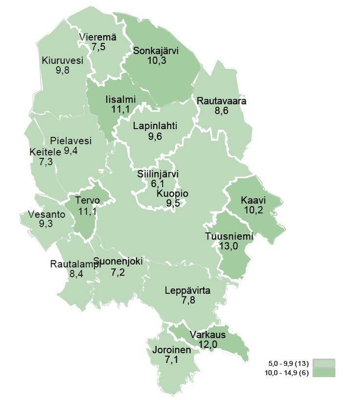 Työttömien työnhakijoiden osuus työvoimasta kunnittain Pohjois-Savossa.