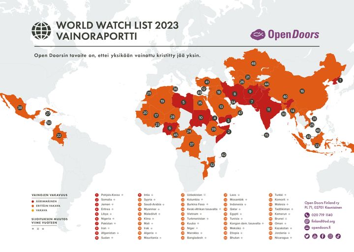 World Watch List -vainoraportin 50 maata, joissa kristittyihin kohdistuva vaino on voimakkainta.