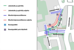 Isosaarentien ja lähiympäristön liikennejärjestelyt kartalla.