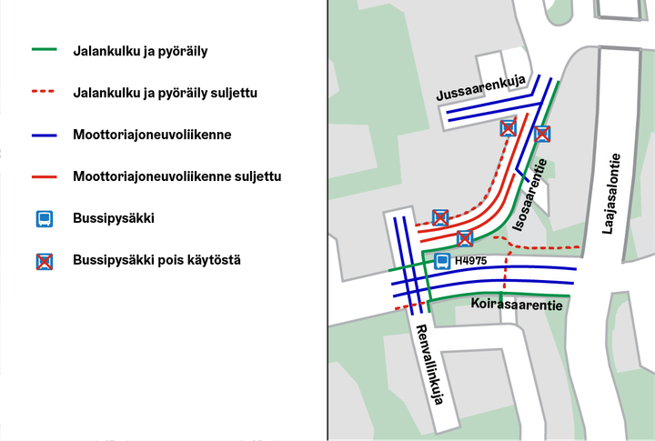 Isosaarentien ja lähiympäristön liikennejärjestelyt kartalla.