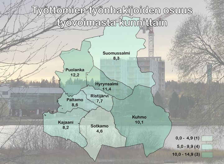 Työttömien työnhakijoiden osuus työvoimasta kunnittain Kainuussa syyskuussa 2022.