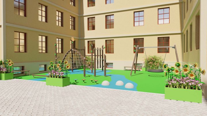 The new playground designed and manufactured by Lappset brings color and joy to the urban environment and inspires children to play and move during recess and exercise classes.