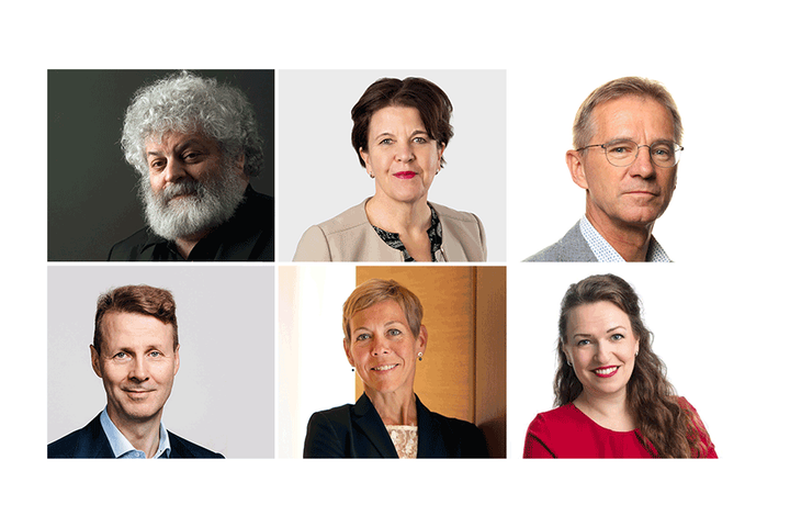 Johtajuussymposiumin huippuasiantuntijavieraita ovat muun muassa R. Edward Freeman (ylh. vas.), Teija Tiilikainen, Paul Dendale, Risto Siilasmaa, Cecilia Warrol ja Anna-Kaisa Ikonen.