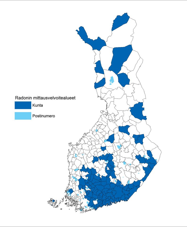 Radonin mittausvelvoitealueet 15.12.2018 alkaen