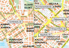 Kadut, joille istutusalueet tehdään. Suluissa poistuvien pysäköintipaikkojen määrä.