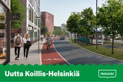 Havainnekuva Malmin keskustasta, ratikkareitti Kirkonkyläntiellä. Kuva: Voima Graphics Oy.