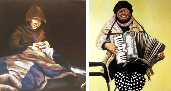 Ritva Larssonin maalauksia kadunkulkijoista Malmitalon galleriassa 26.4.–19.5.2018.