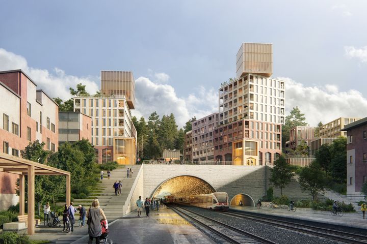 Suunnittelukilpailun voittajatyö ”Latvus”, näkymä Malminkartanon juna-aseman kupeesta kohti Malminkartanon keskiosaa. Kuva: Arco Architecture Company ja Maisema-arkkitehtitoimisto Näkymä Oy.