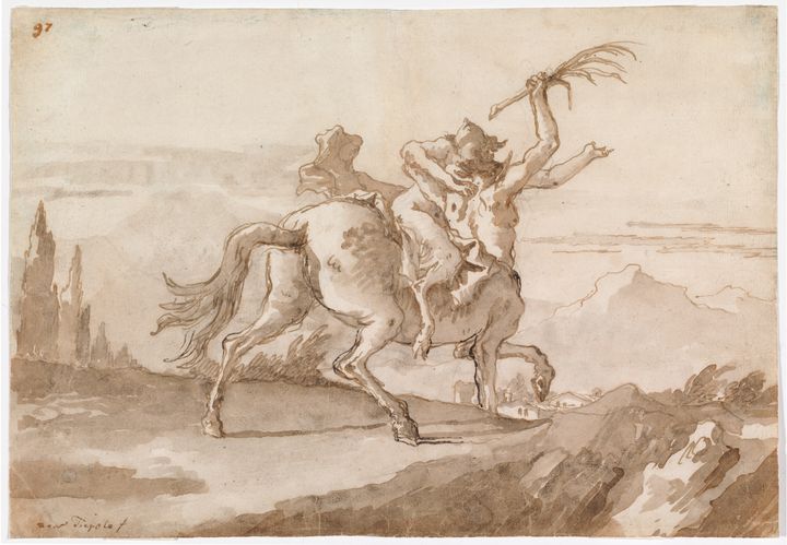 Giovanni Domenico Tiepolo (1696–1770)
Kentauri ryöstää naispuolisen satyyrin.
Rolando ja Siv Pieraccinin kokoelma, Kansallisgalleria
Kuva: Kansallisgalleria, Jenni Nurminen