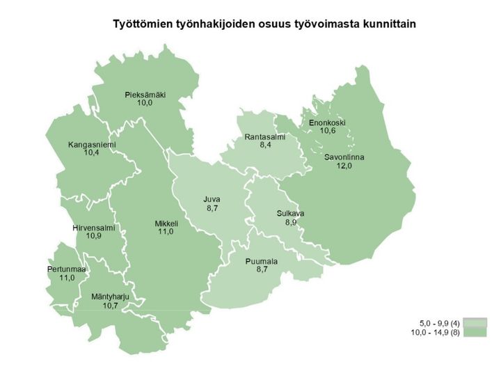 Kartalla työttömien työnhakijoiden osuus työvoimasta kunnittain Etelä-Savossa helmikuun 2023 lopussa.