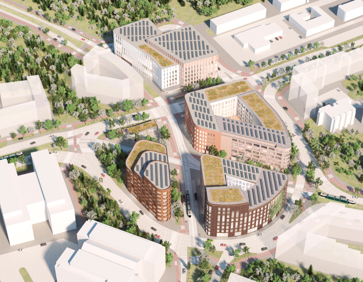 Havainnekuva Haagan ympyrästä lännestä katsottuna. Kuva: Helsingin asemakaavoituspalvelu.