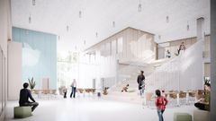 Kuopion Riistaveden lähipalvelukeskuksen pääaula.  Kuvassa kehitysvaiheen visio tiloista. Kuva: Jalon & Sweco Architects