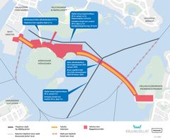 Siltatyömaiden sijainnit. Kuva: Kruunusillat-raitiotie
