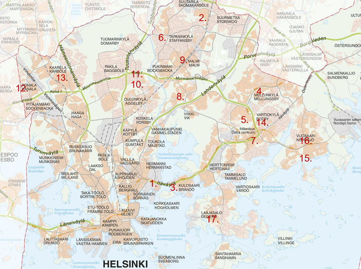 Kartta: Paviljonkeja suunnitellaan eri puolille Helsinkiä. Karttapohja Helsingin kaupunki