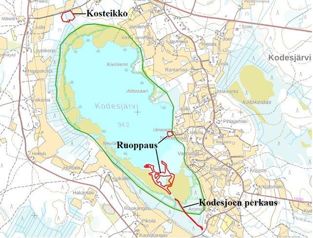 Kartta, josta selviävät suunniteltujen ruoppausalueiden, Kodesjoen perkauksen ja parhaillaan toteu-tettavan kosteikon sijainnit.