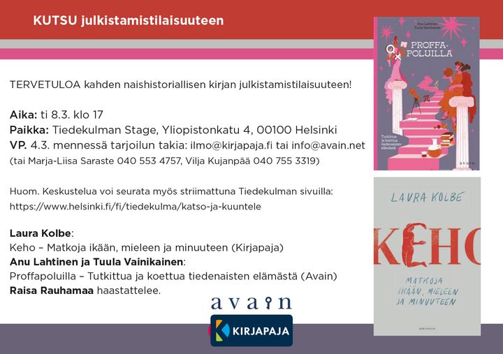 KUTSU: Keho ja Proffapoluilla -kirjojen julkistamistilaisuus Tiedekulmassa 8.3. klo 17