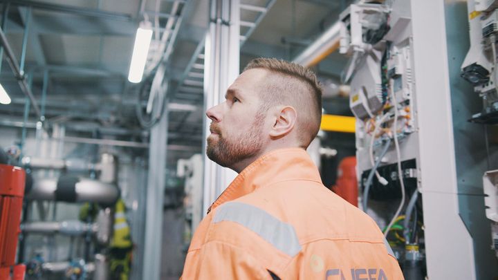 Energy self-sufficiency brings energy costs down. CEO of Calefa, Petri Vuori at the heat pump plant of Orion pharmaceutical factory in Turku, Finland.