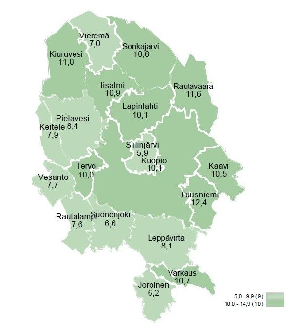 Työttömien työnhakijoiden osuus työvoimasta kunnittain Pohjois-Savossa.