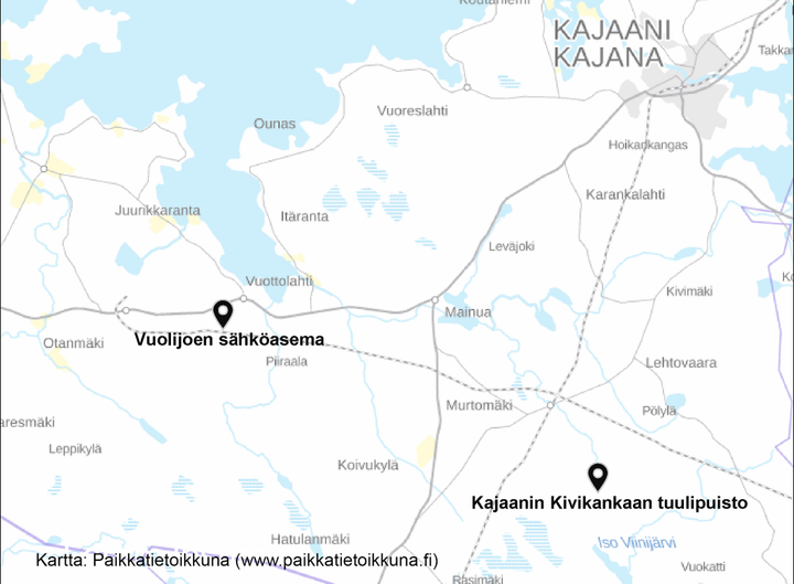 Kivikankaan tuulipuisto ja Vuolijoen sähköasema kartalla.