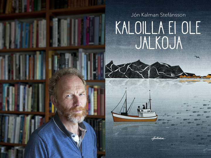 Jón Kalman Stefánsson (kuva: Einar Falur Ingólfsson) ja Kaloilla ei ole jalkoja -kirjan kansi