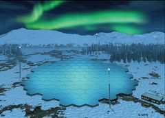 Havainnekuva EISCAT_3D-lähettimestä. Antenniryhmät ovat kuusikulmaisia, niitä on 109 kappaletta, ja jokainen sisältää 91 antennielementtiä. Antennikentän halkaisija on noin 70 m.
