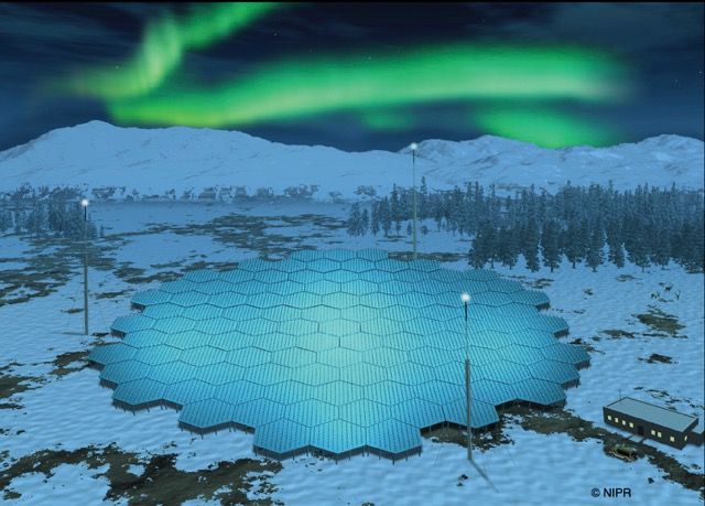Havainnekuva EISCAT_3D-lähettimestä. Antenniryhmät ovat kuusikulmaisia, niitä on 109 kappaletta, ja jokainen sisältää 91 antennielementtiä. Antennikentän halkaisija on noin 70 m.