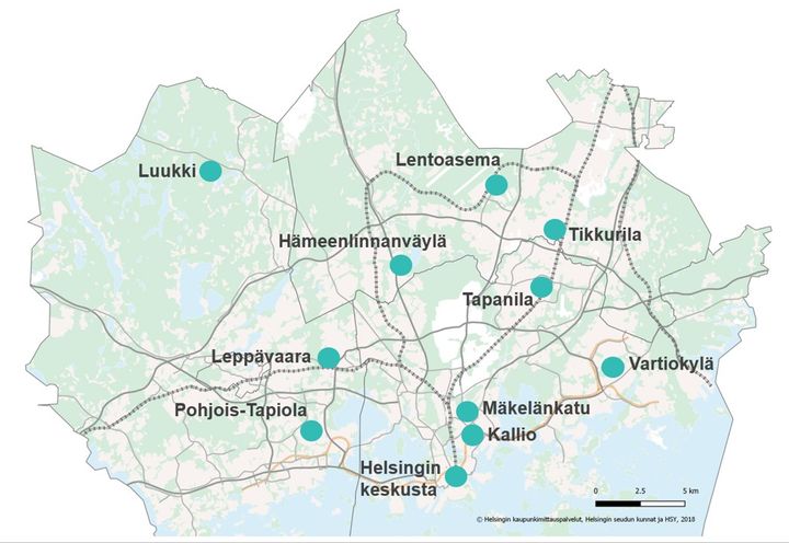 Ilmanlaadun mittausasemat pääkaupunkiseudulla vuonna 2022.