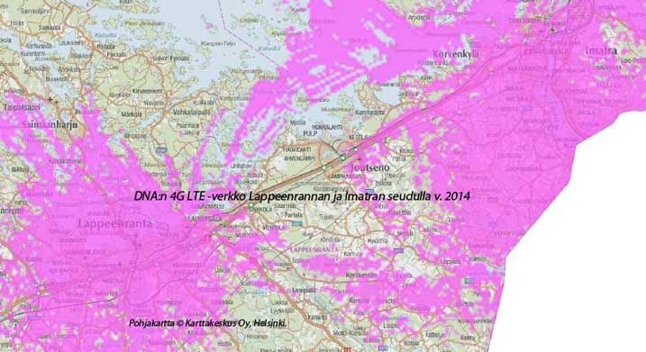 DNA:n 4G LTE -verkko Lappeenrannan ja Imatran seudulla v. 2014