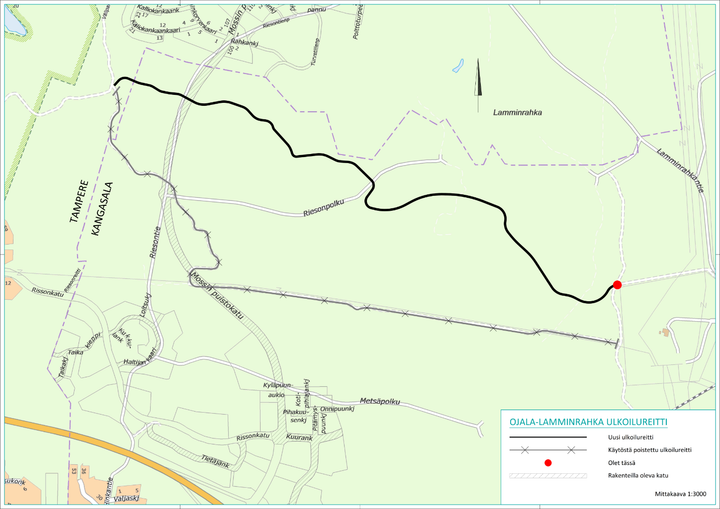 Ojala-Lamminrahka- ulkoilureitin uusi linjaus kartalla.