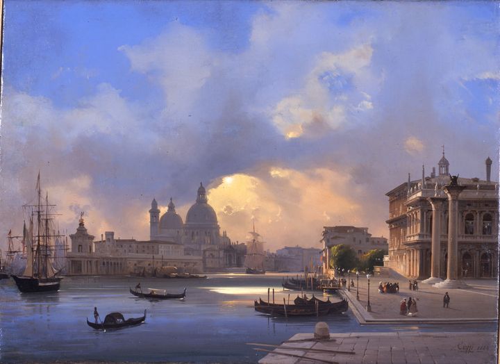 Ippolito Caffi (1809-1866): Vanha satama (Molo) auringonlaskun aikaan Venetsiassa. 1864. Fondazione Musei Civici di Venezia, Galleria Internazionale d’Arte Moderna di Ca’ Pesaro.