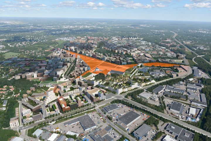 An oblique photograph of the location of Lentoasemanpuisto in the area. Photo: Voima Graphics / City of Helsinki.