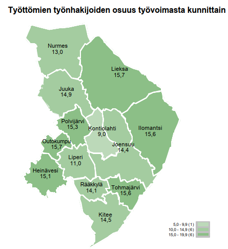 Työttömien työnhakijoiden osuus työvoimasta kunnittain /TEM